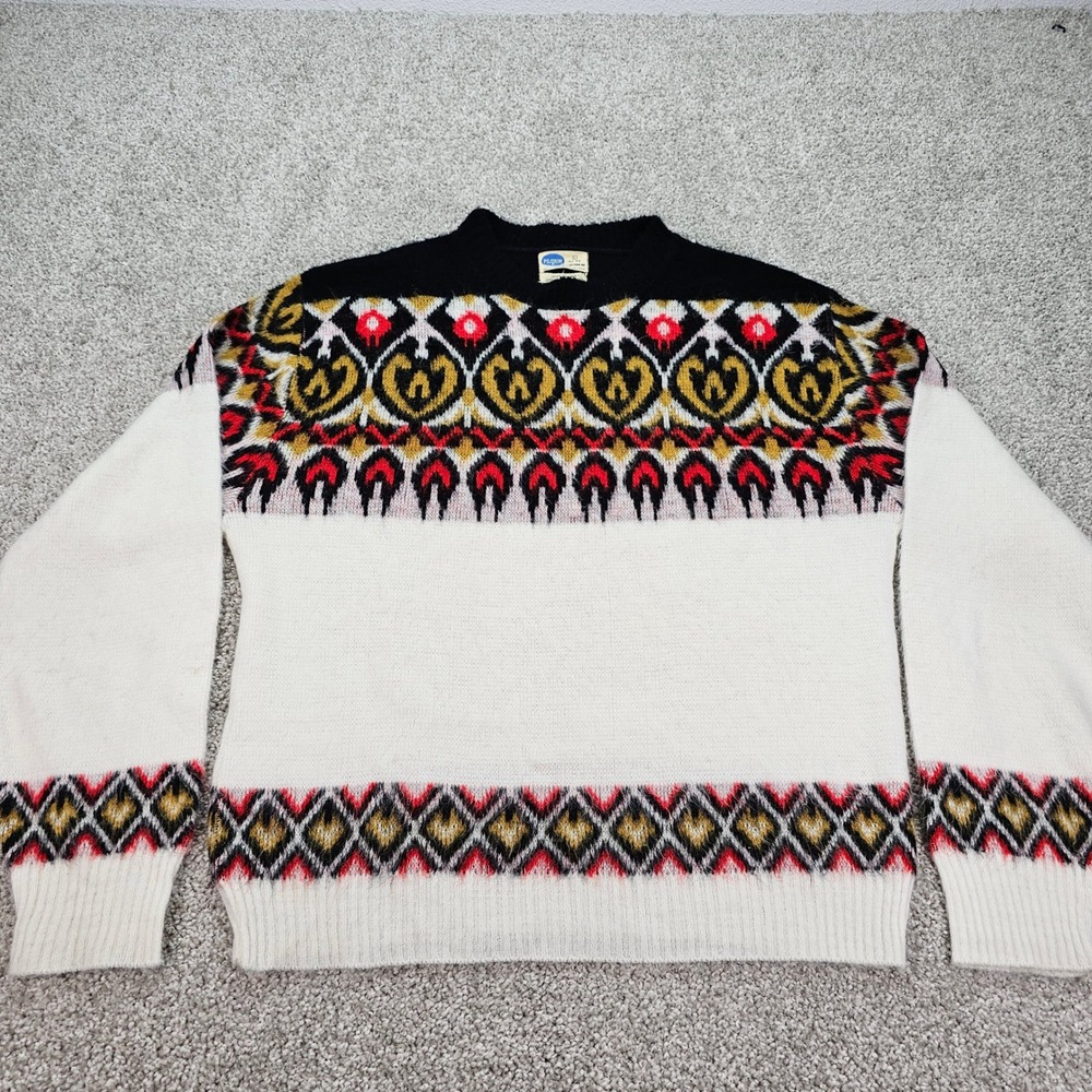 Vintage 60s Pilgrim Sportswear Mens 42  Fair Isle Knit‎ Sweater Black White Red